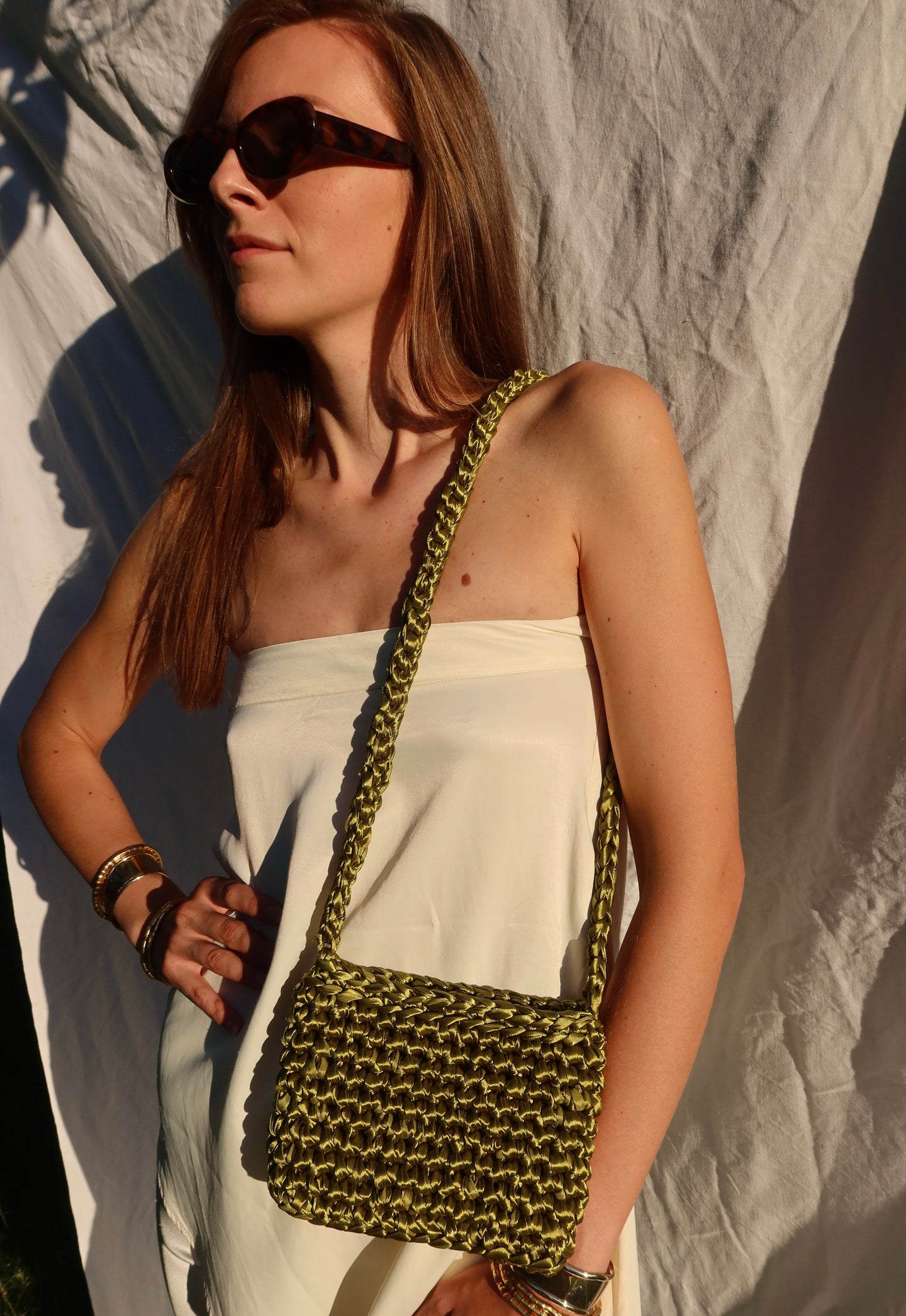 Olive bag with crochet strap
